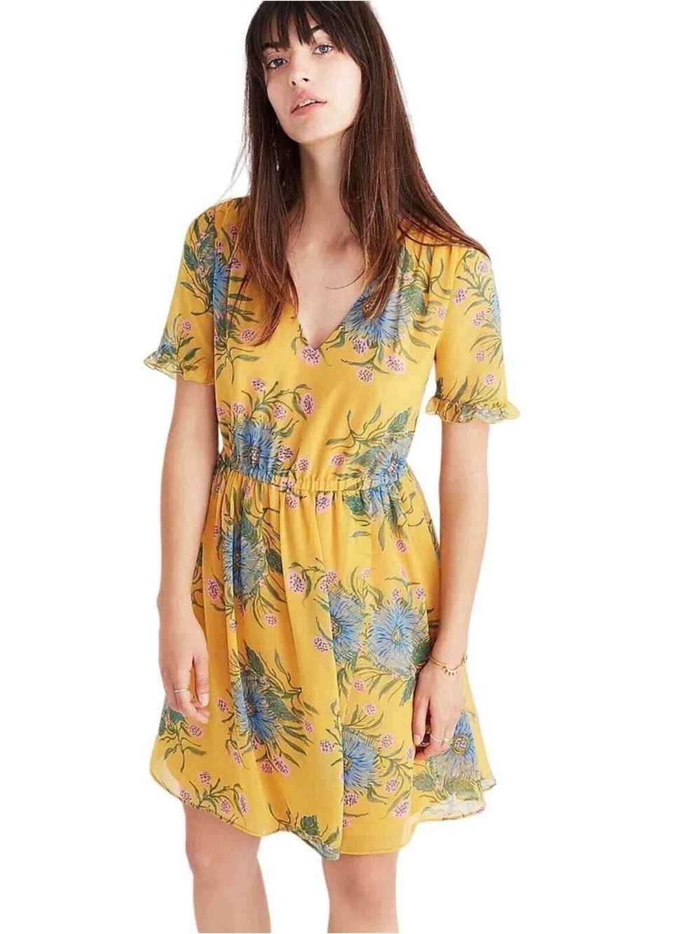 Madewell Sweetgrass Ruffle Sleeve Yellow Floral V-Neck Dress Size 12 Boho